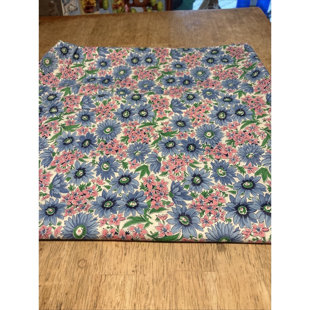 Vintage 1950s Daisy Flower Print Fabric 4 Yards Blue Pink Floral Boho 35x144